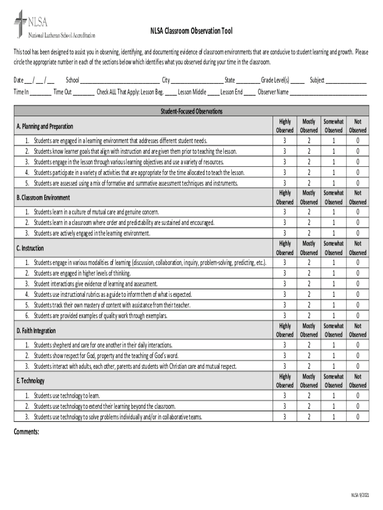  NLSA Classroom Observation Tool Form 2021-2024