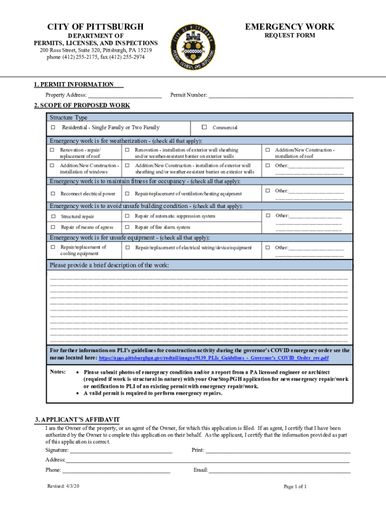 Department of Permits, Licenses, and Inspections PLI City of Pittsburgh  Form