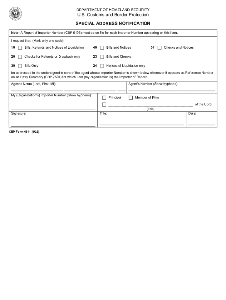 CBP Form 4811 SPECIAL ADDRESS NOTIFICATION