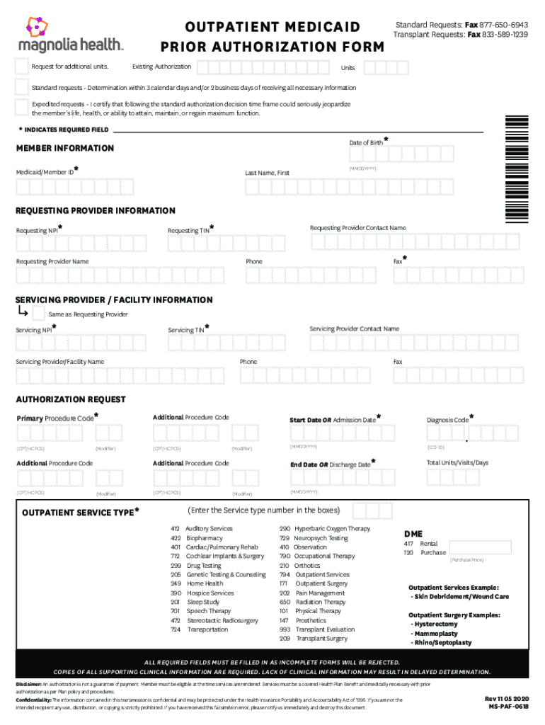  Medicaid Outpatient Prior Authorization Fax Form Magnolia Health Plan 2020-2024