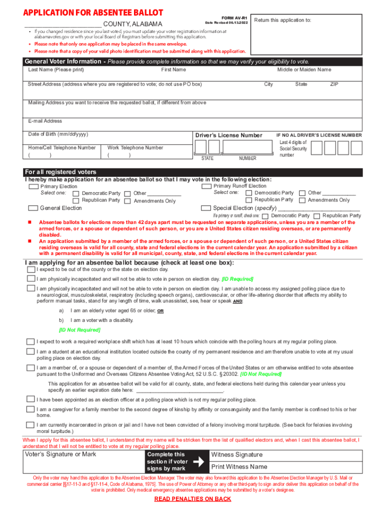  Fill Fillable FORM AV R1 APPLICATION for ABSENTEE BALLOT State 2022-2024