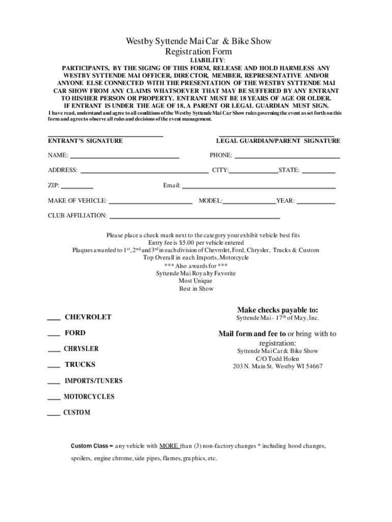  Westby Syttende Mai Car &amp;amp; Bike Show Registration Form 2022-2024