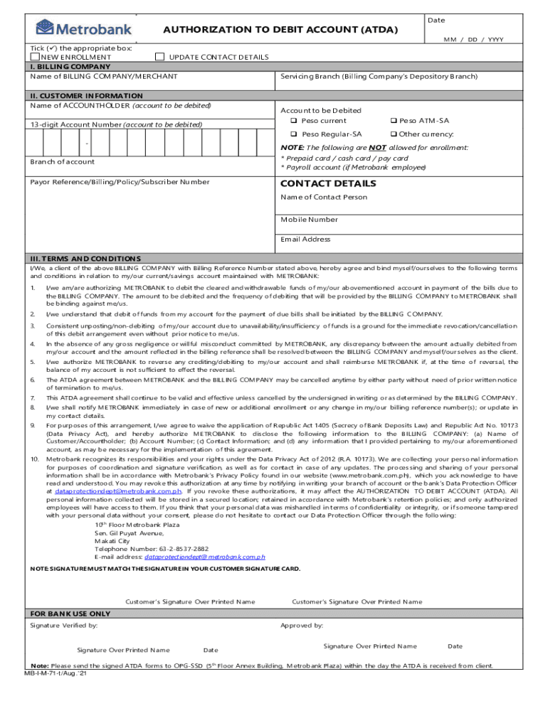 Authorization to Debit Account Form for Real Time DebitDirect Debit