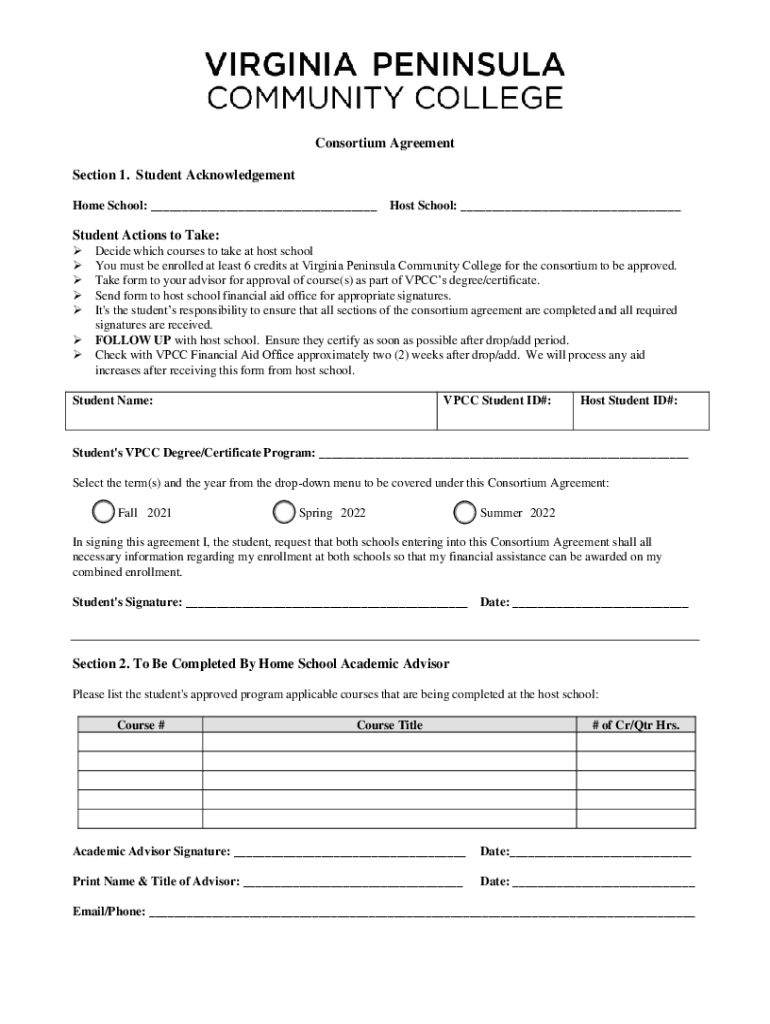 Tncc EdusitesdefaultConsortium Agreement Section 1 Student Acknowledgement  Form
