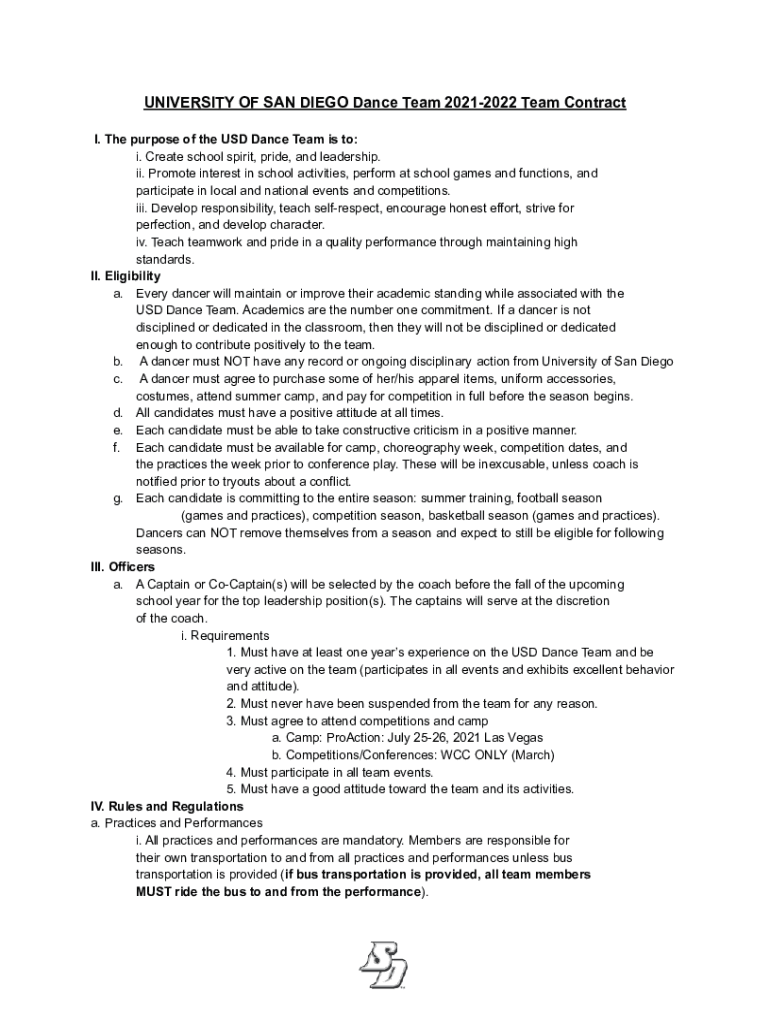  University of San Diego Dance Team Contract Form 2021-2024