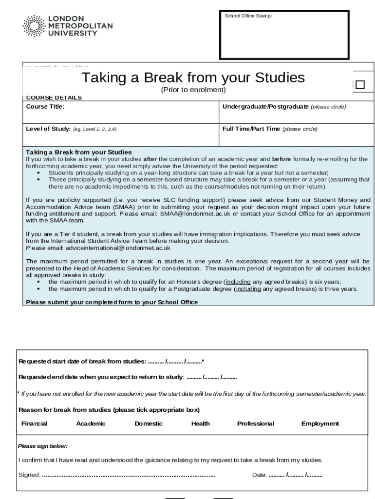 Intermission of Studies Application Form Student Zone