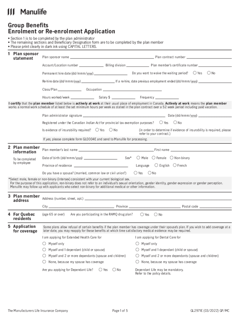  Enrolment or Re Enrolment Application Group Benefits Manulife 2022-2024