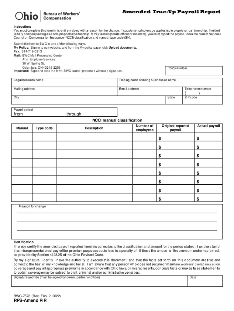  Www Templateroller Comtemplate1886851Form RPS AMEND PR BWC 7578 &amp;quot;Amended True Up Payroll Report 2022-2024