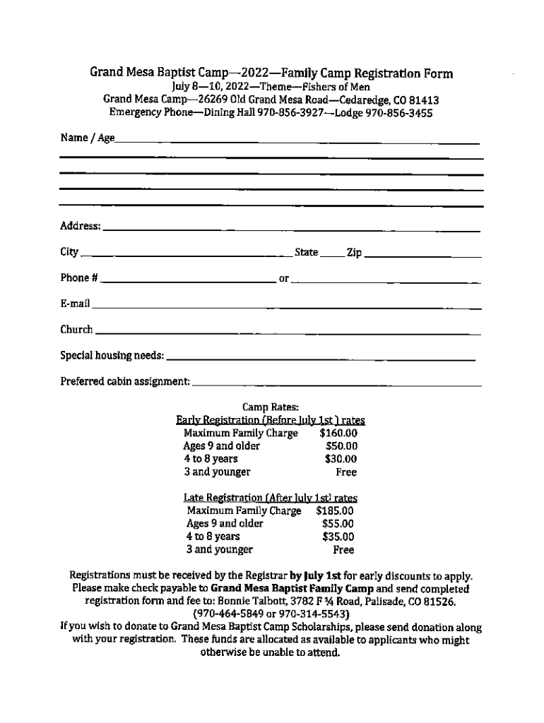 CO Grand Mesa Baptist Family Camp Registration Form