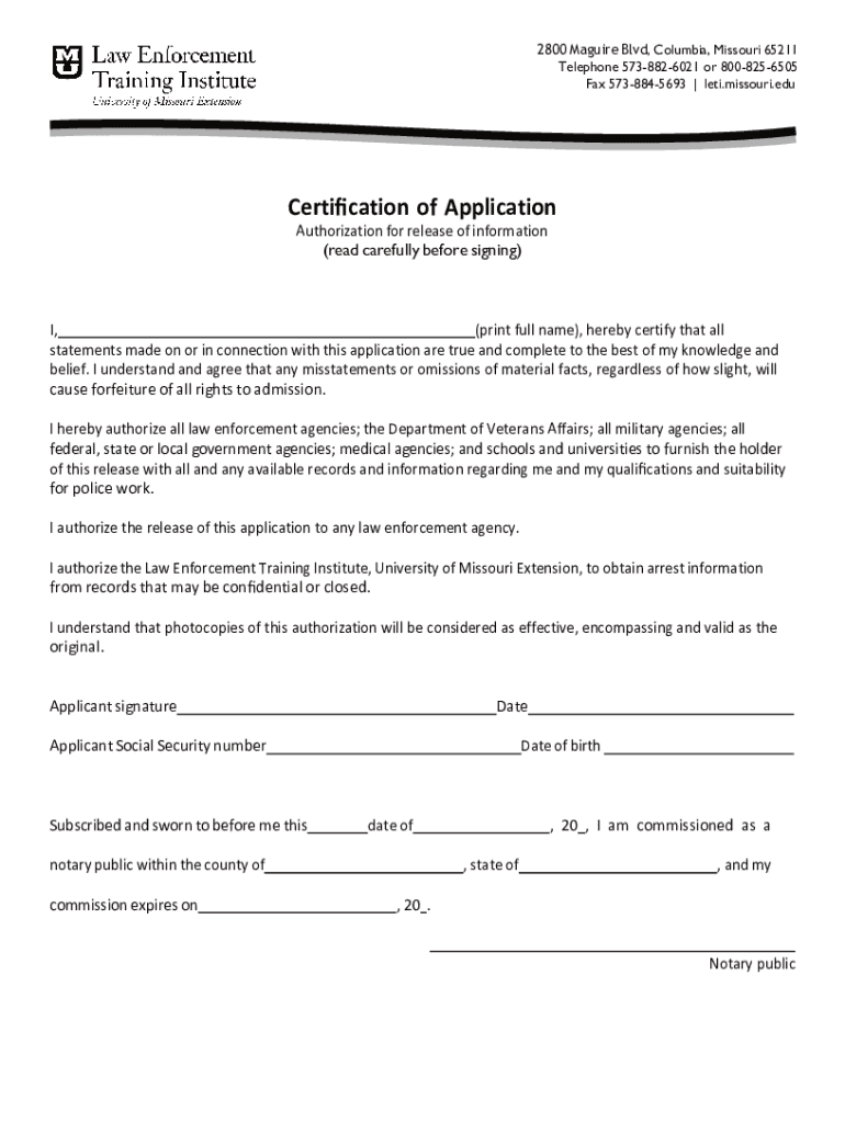 The Law Enforcement Training Institute University of Missouri Extension  Form