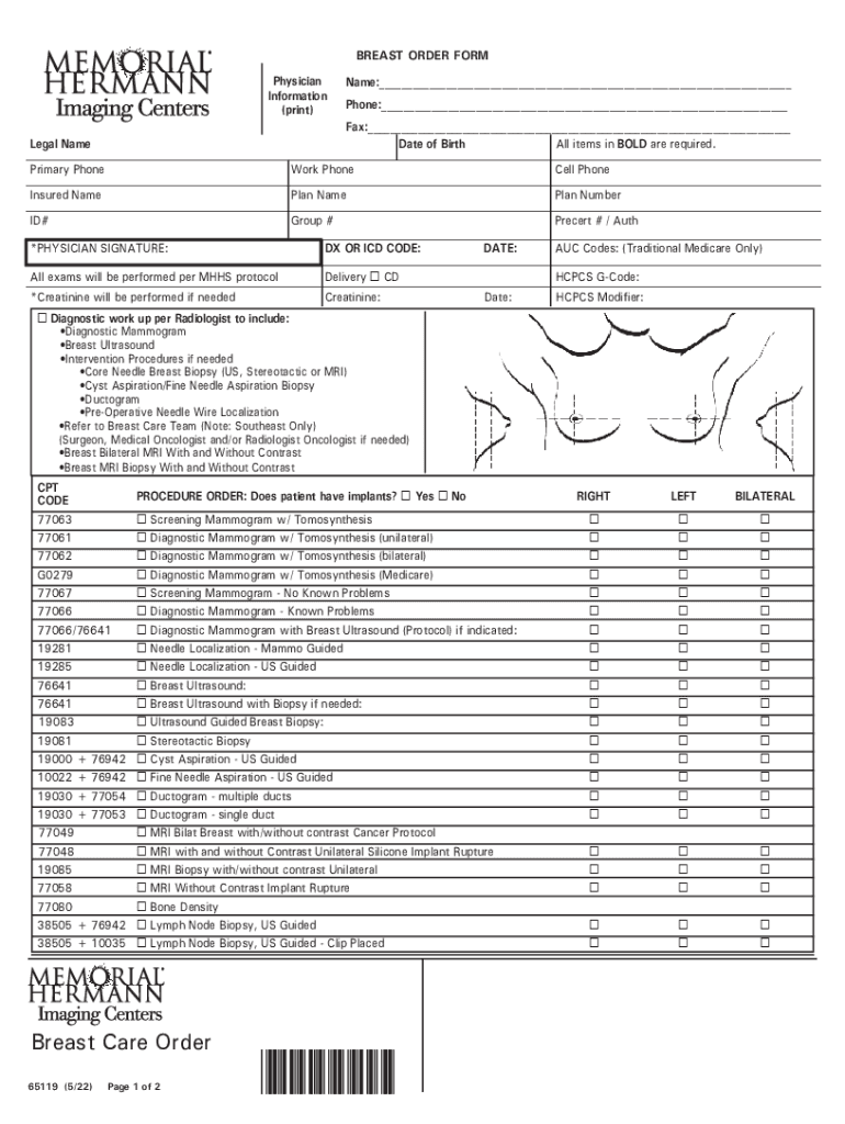 Memorialhermann Org MediaBREAST ORDER FORM Physician Name Information Print Phone