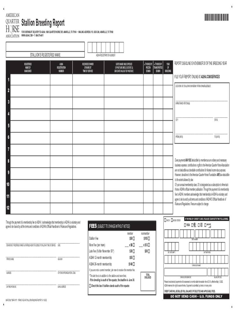 Aqha Stallion Breeding Report Form