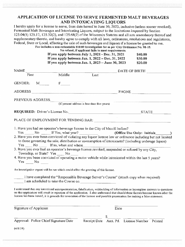 Bartender Application  Form