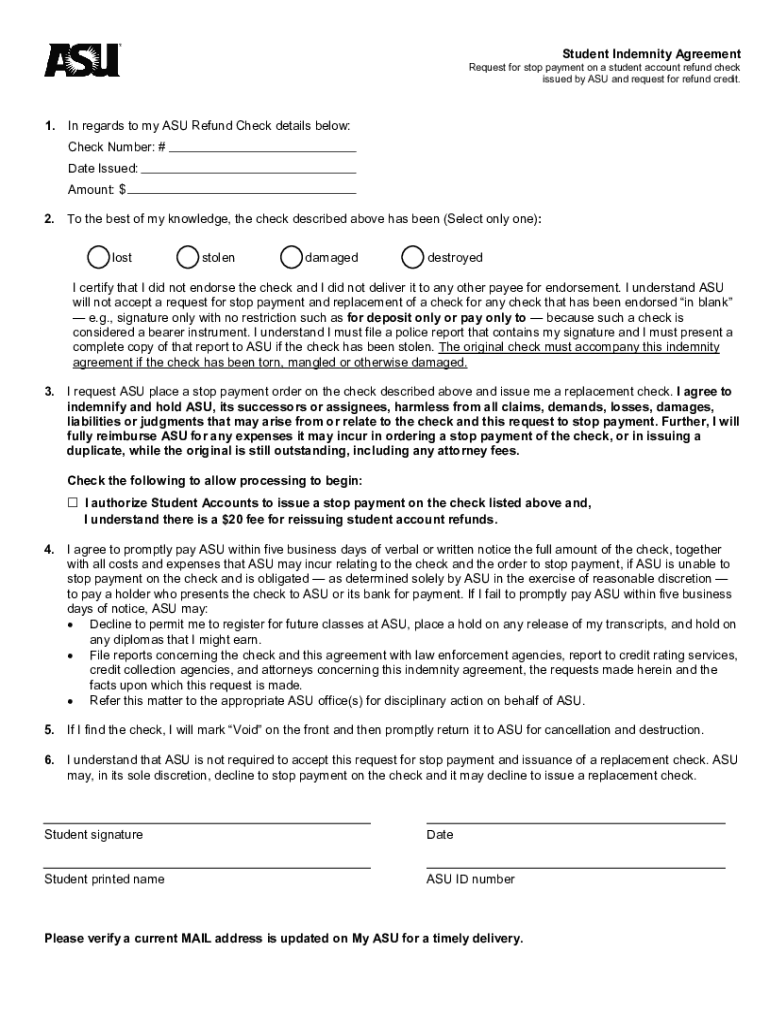  Stop Payment Indemnity Agreement Asu 2021-2024