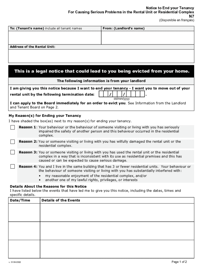  Ontario Notice Terminate Tenancy 2022-2024