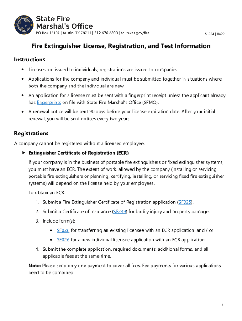 SF234 Fire Extinguisher License, Registration, and Test Information