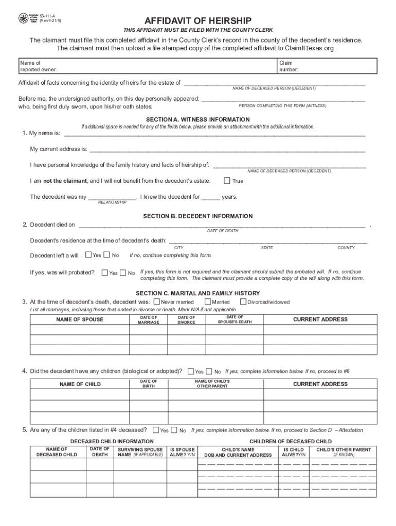  Heirship Affidavit Texas 2021-2024