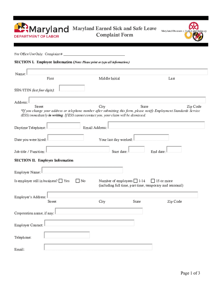 Labor Md GovformspaidleavecomplaintMaryland Earned Sick and Safe Leave Complaint Form