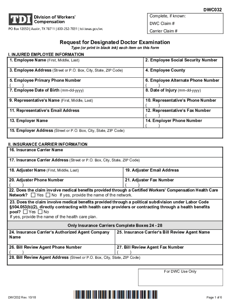 DWC Form 032, Request for Designated Doctor Examination