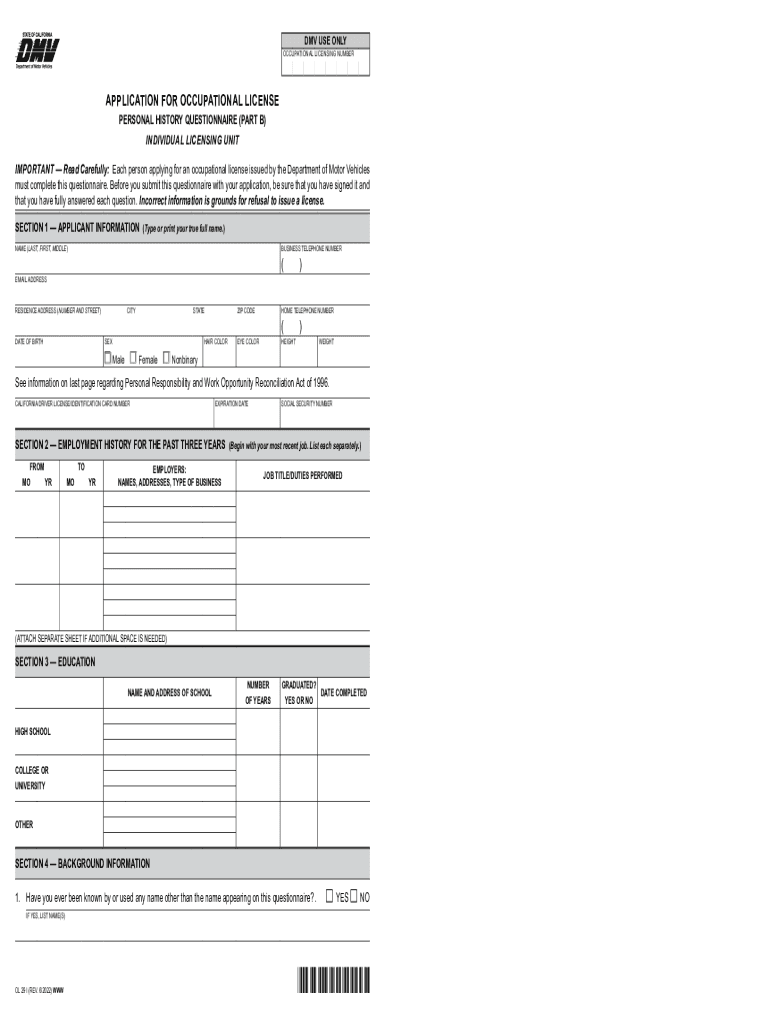  California Dmv Occupational License 2022-2024