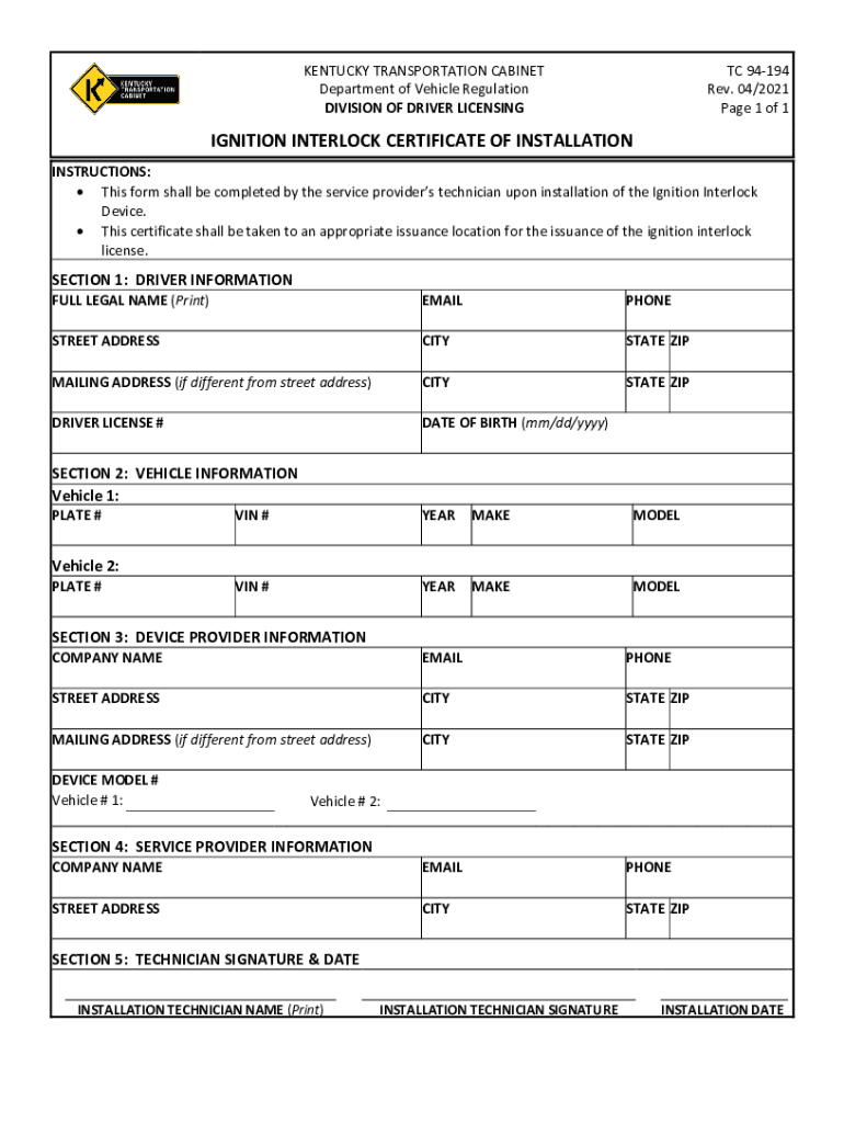 Ignition Interlock Certificate of Installation  Form