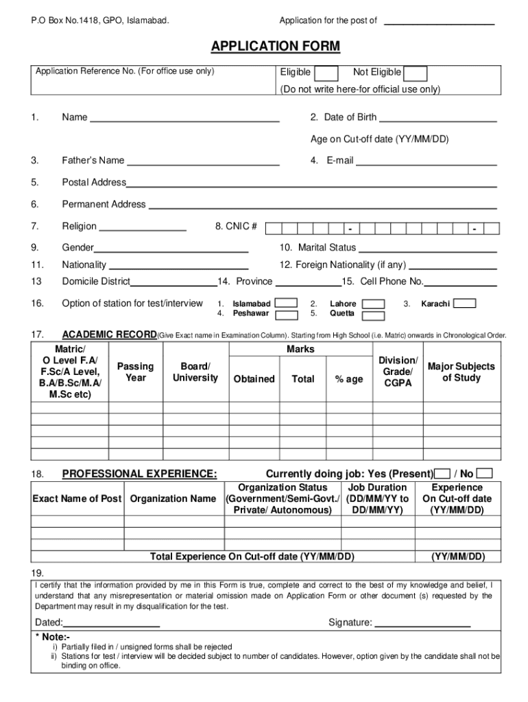 Www Coursehero Comfile62041754application Form PDF P O Box No 1418 GPO Islamabad