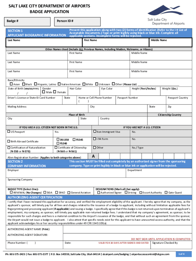 SALT LAKE CITY DEPARTMENT of AIRPORTS BADGE APPLIC  Form