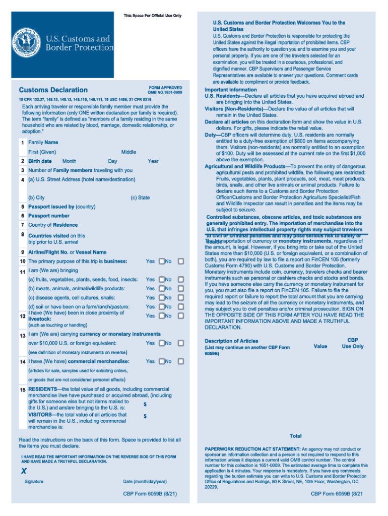  CBP Form 6059B English CUSTOMS DECLARATION Fillable English 2021-2024