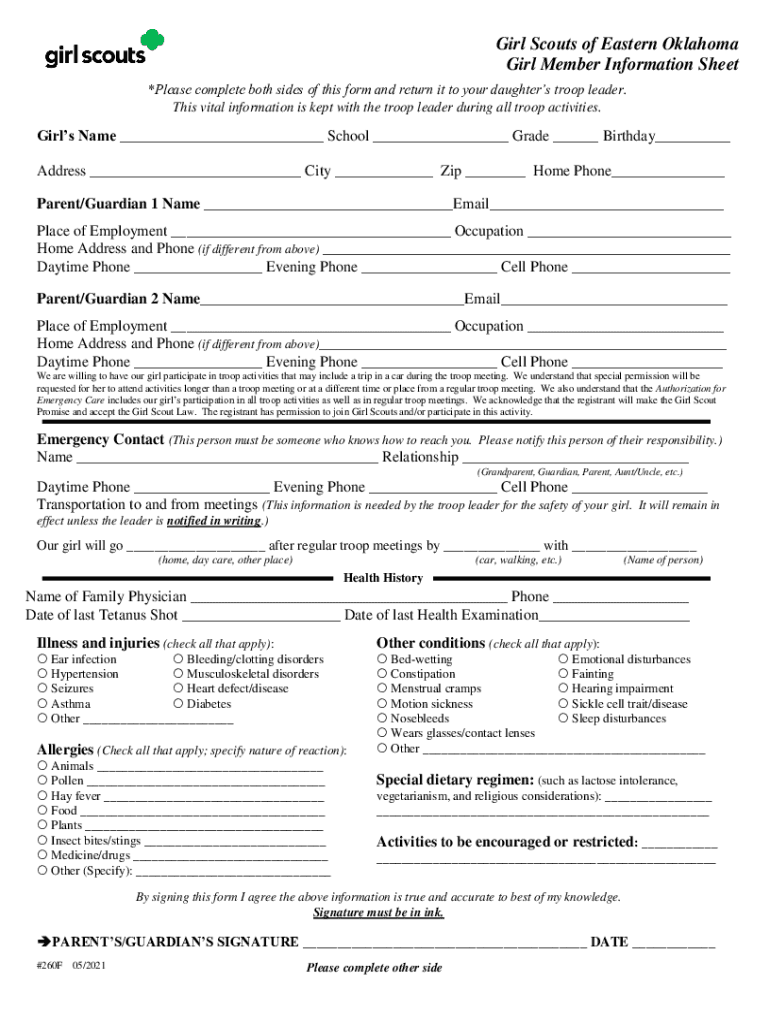 260f Girl Membership Information Sheet Girl Scouts of Eastern pdfFiller ComGirl Scout Information Sheet Fill Online, Printable