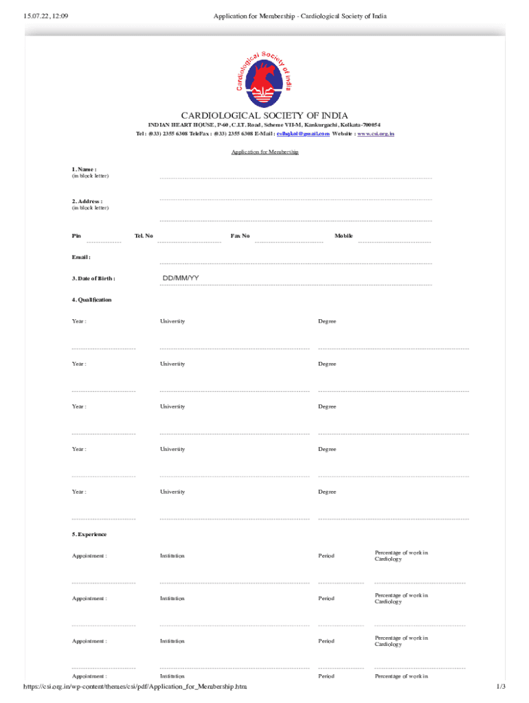  Application for Membership Cardiological Society of India 2022-2024