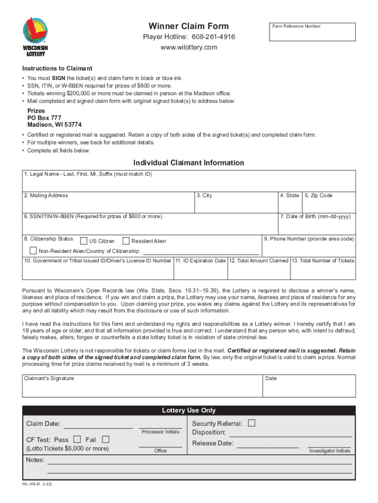  Wisconsin Lottery Winner Claim Form Wisconsin Lottery Winner Claim Form 2022-2024