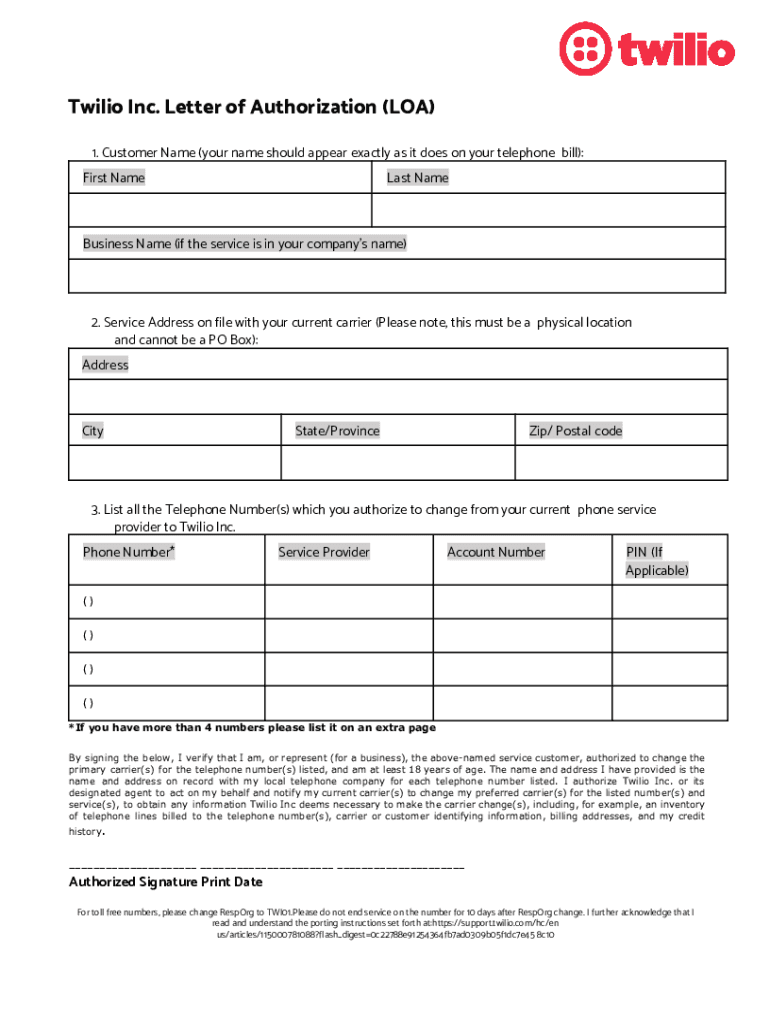 Support Twilio ComhcarticleattachmentsLetter of Authorization for Number Portability  Form