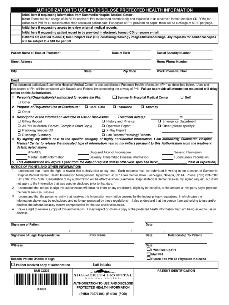 Www Valleyhealthsystemlv ComsitesvalleyhealthSummerlin Hospital Authorization to Use and Disclose  Form