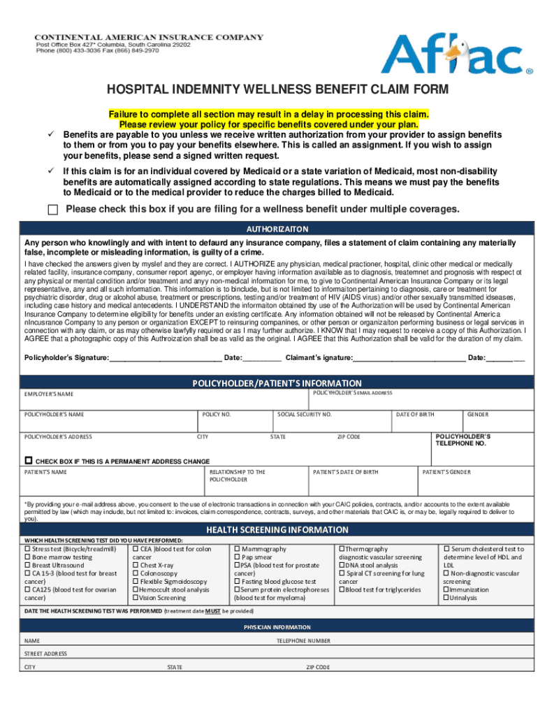  HOSPITAL INDEMNITY WELLNESS BENEFIT CLAIM FORMFail 2020-2024