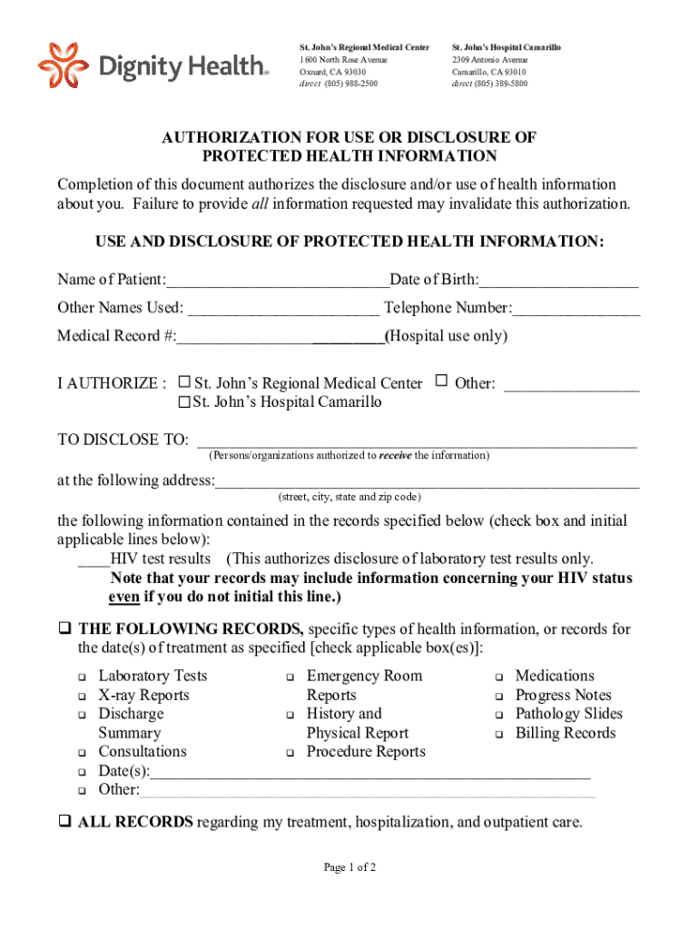 St John&#039;s Regional Medical CenterOxnard, CADignity Health  Form