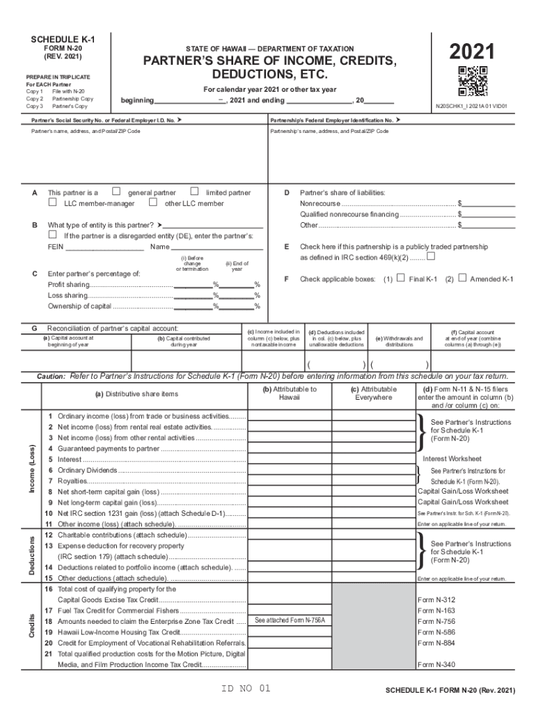  Schedule K 1, Form N 20, Rev , Partner's Share of Income 2021