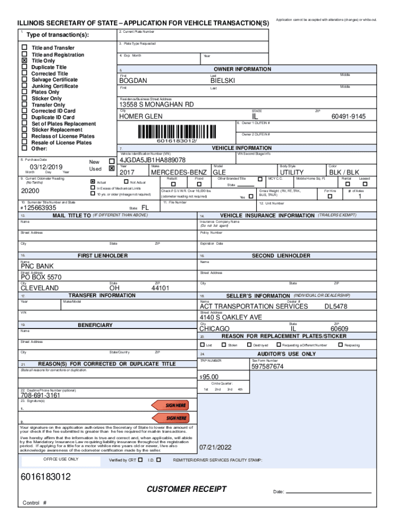 Illinois Secretary State Vehicle  Form