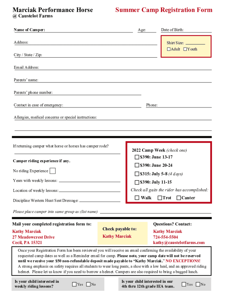 Www Caustelotfarms ComdocfilesSummerCamp19Marciak Performance Horse Camp Registration Form