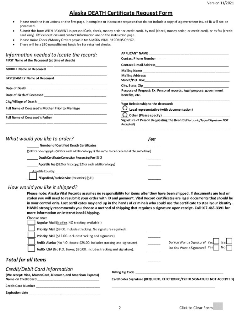  Alaska DEATH Certificate Request Form Instructions 2021