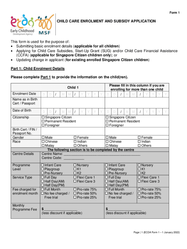 CHILD CARE ENROLMENT and SUBSIDY APPLICATION 2022-2025