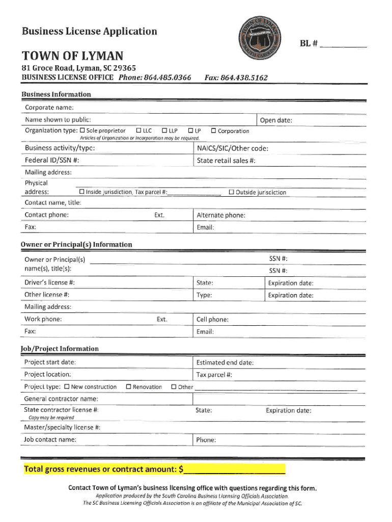 Sc Town Business License  Form
