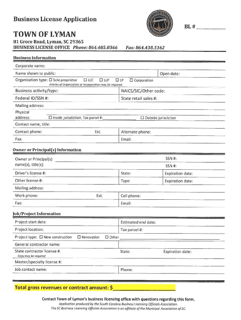 Sc Town Business License Form
