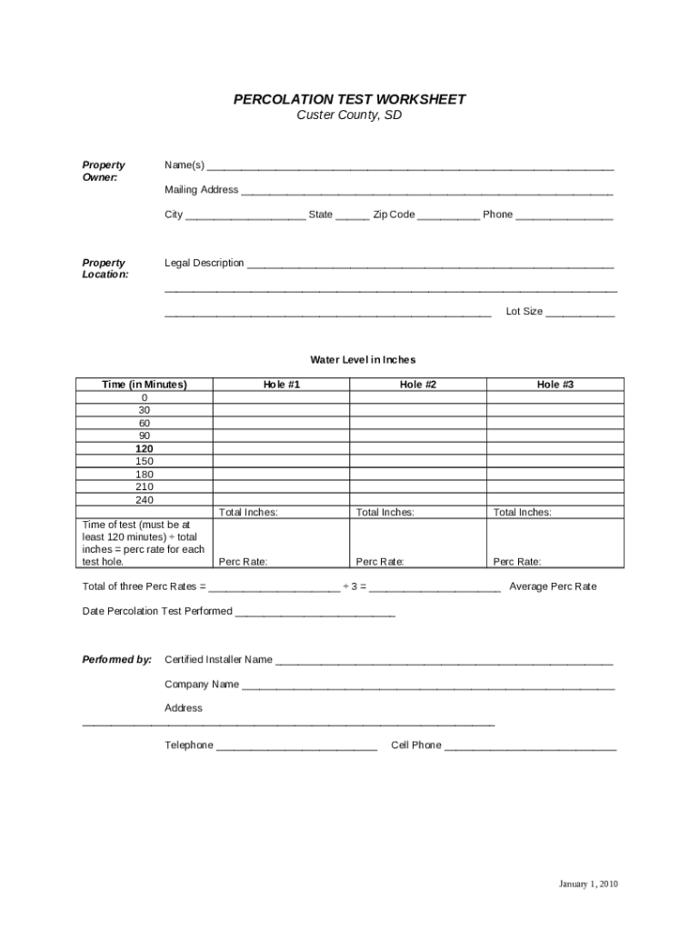  PERCOLATION TEST WORKSHEET Custer County, South Dakota 2010-2024