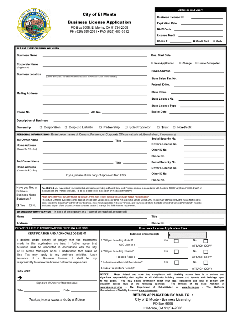 PDF Application for Business License City of El Monte  Form