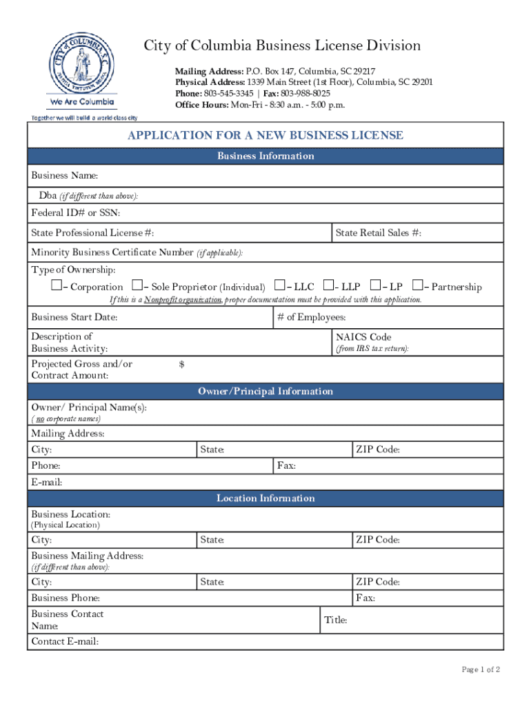  Sc City Columbia Business License 2022-2024