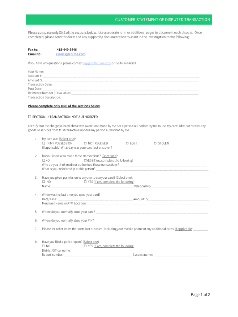  Chime Dispute Form 2020-2024