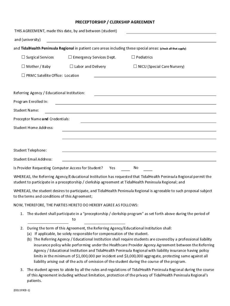 Www Peninsula OrgsitesdefaultPRECEPTORSHIP CLERKSHIP AGREEMENT Peninsula Org  Form