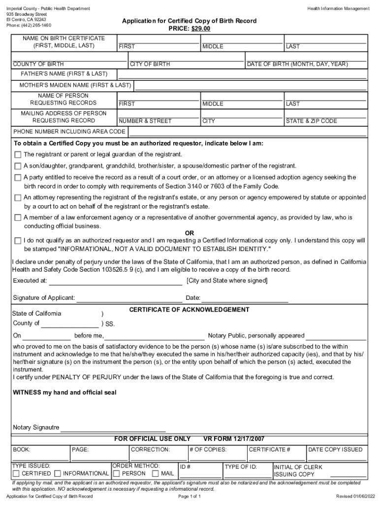  California Certified Copy Record 2022-2024