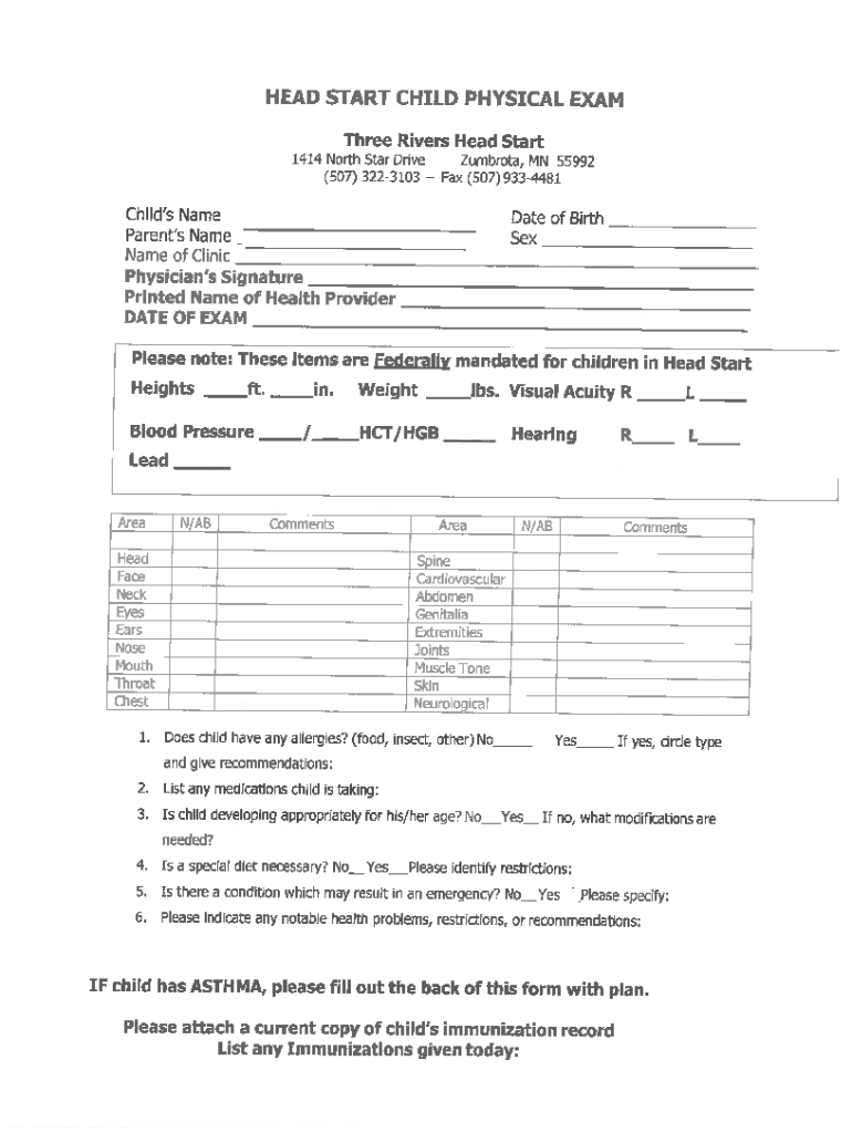  Head Start Physical Exam Form 2019-2024