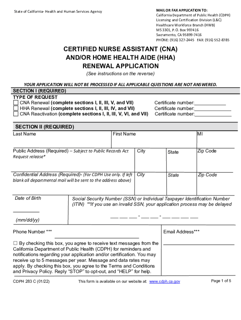 CERTIFIED NURSE ASSISTANT CNA ANDOR HOME HEALTH AIDE HHA RENEWAL APPLICATION  Form